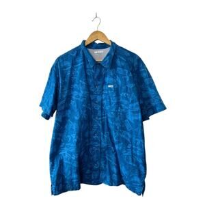 Columbia PFG Trollers Blue Fish Print Hawaiian Fishing Button-Up Shirt L New